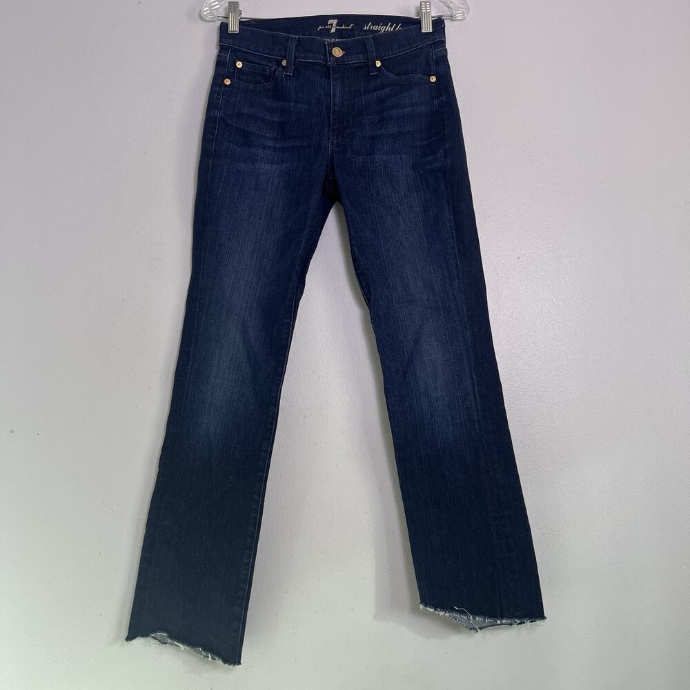 7 For All Mankind Womens Straight Leg Jeans Raw Hem Sz 27 Denim Dark Wash